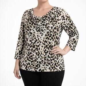 Easywear by Chico's Size 3 US XL Drape Neck Leopard Print Knit Top 3/4 Sleeve